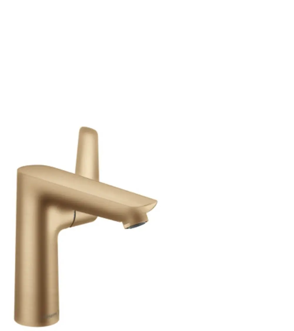 Hansgrohe Einhebel-Waschtischmischer in gebürstetem Bronze-Finish. Der Wasserhahngriff ist auf der rechten Seite platziert, mit einem schlanken, minimalistischen Design.